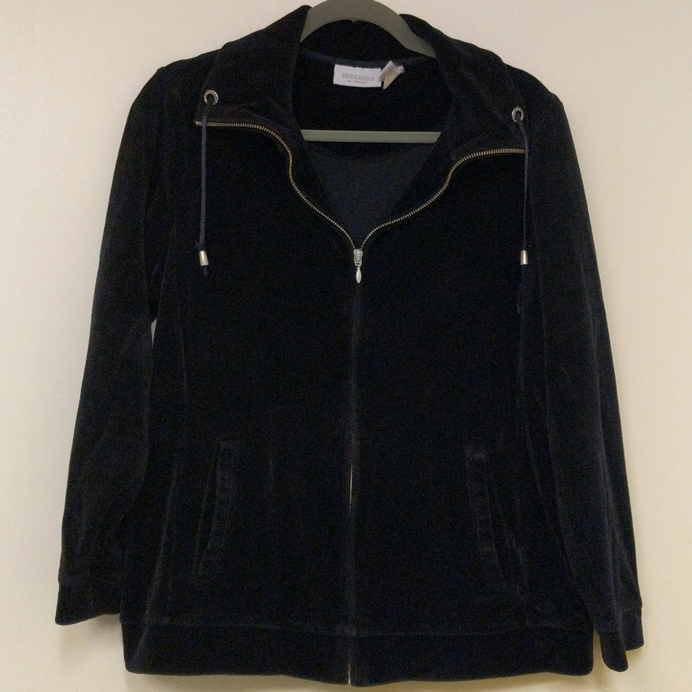 Black Velour zipper jacket w/ wide collar & pockets. Weekends by Chico's